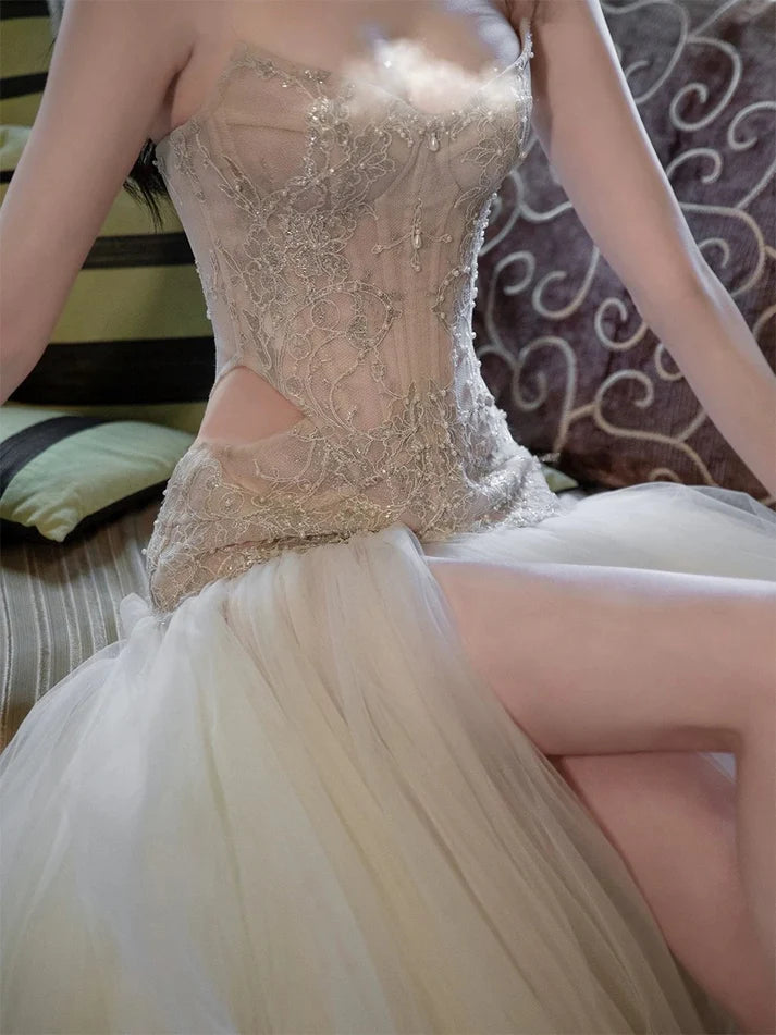 Classy A-line Strapless Beaded Sequin Cutout Tulle Long Prom Dresses