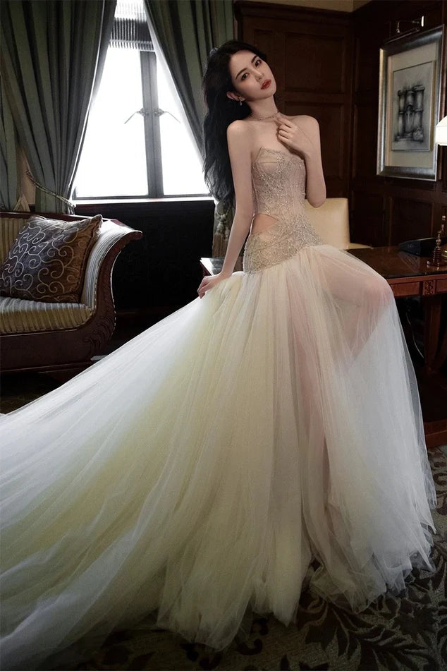 Classy A-line Strapless Beaded Sequin Cutout Tulle Long Prom Dresses