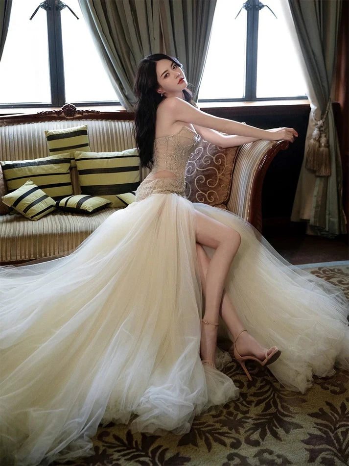 Classy A-line Strapless Beaded Sequin Cutout Tulle Long Prom Dresses