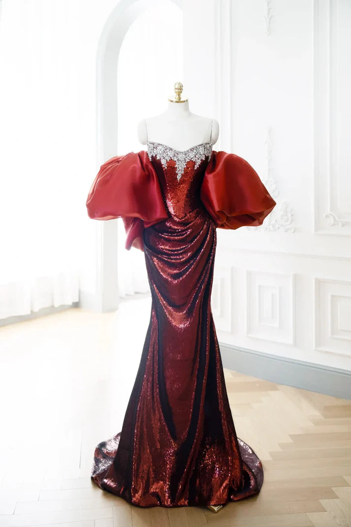 Classy Mermaid Strapless Sequin Burgundy Long Evening Dress With Rhinestones