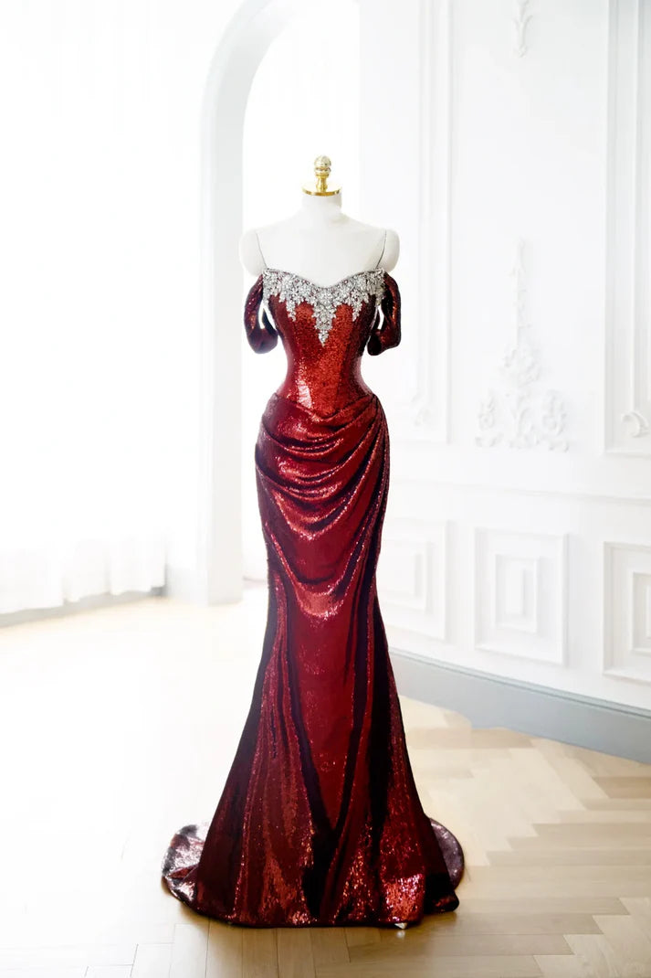 Classy Mermaid Strapless Sequin Burgundy Long Evening Dress With Rhinestones