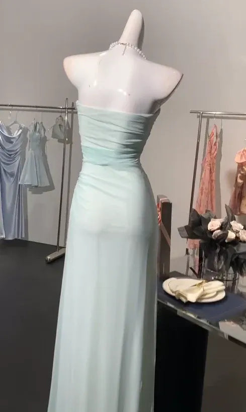 Classy Sheath Strapless Ruched Chiffon Mint Green Long Prom Dress Custom