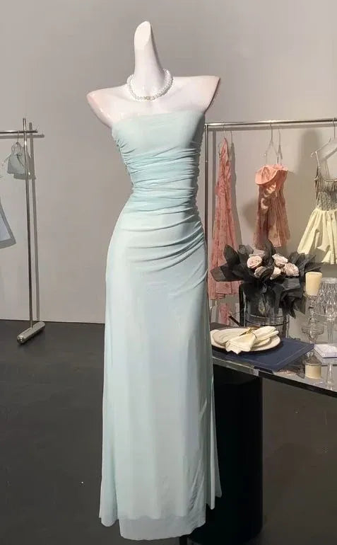 Classy Sheath Strapless Ruched Chiffon Mint Green Long Prom Dress Custom
