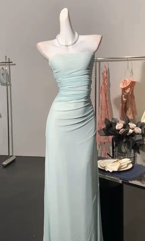 Classy Sheath Strapless Ruched Chiffon Mint Green Long Prom Dress Custom