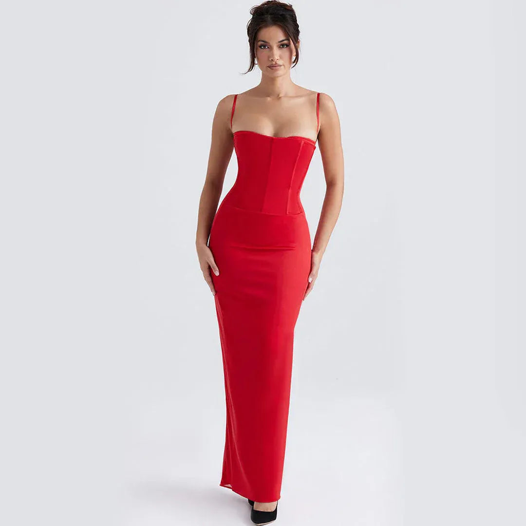 Corset-Style Satin Floor-Length Evening Dress Red Sweetheart Sleeveless for Women