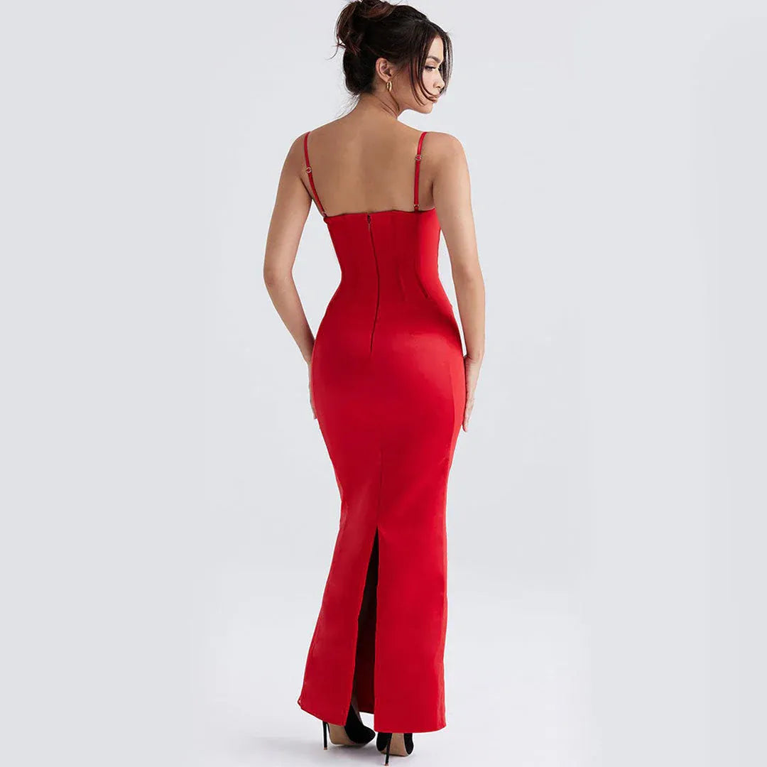 Corset-Style Satin Floor-Length Evening Dress Red Sweetheart Sleeveless for Women