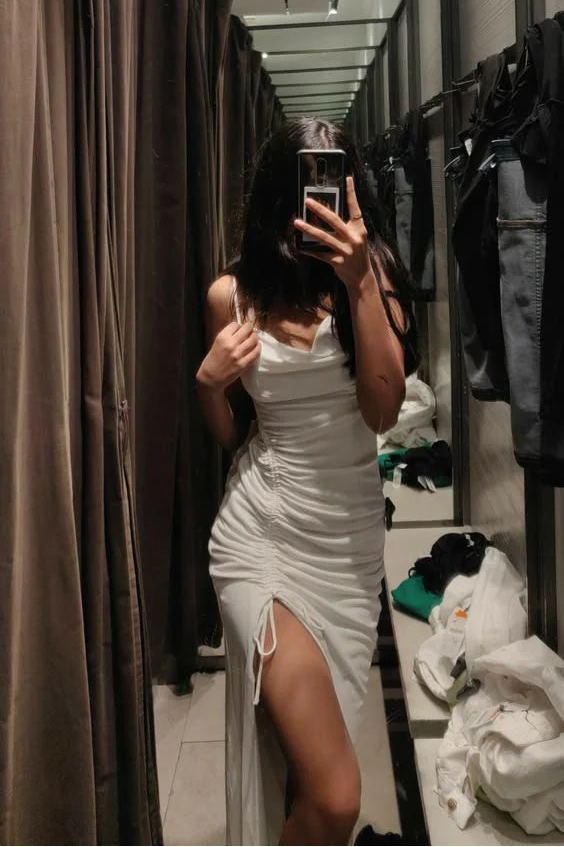 Cowl Neck Spaghetti Straps Pleated Drawstring White Midi Prom Dress