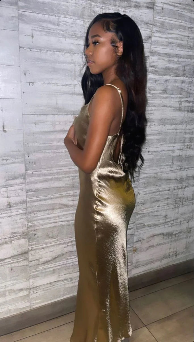 Cowl Neck Spaghetti Straps Satin Gold Ankle Length Bridesmaid Dress