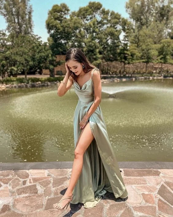 Cowl Neck Spaghetti Straps Satin Sage Green Long Prom Dress With Slit