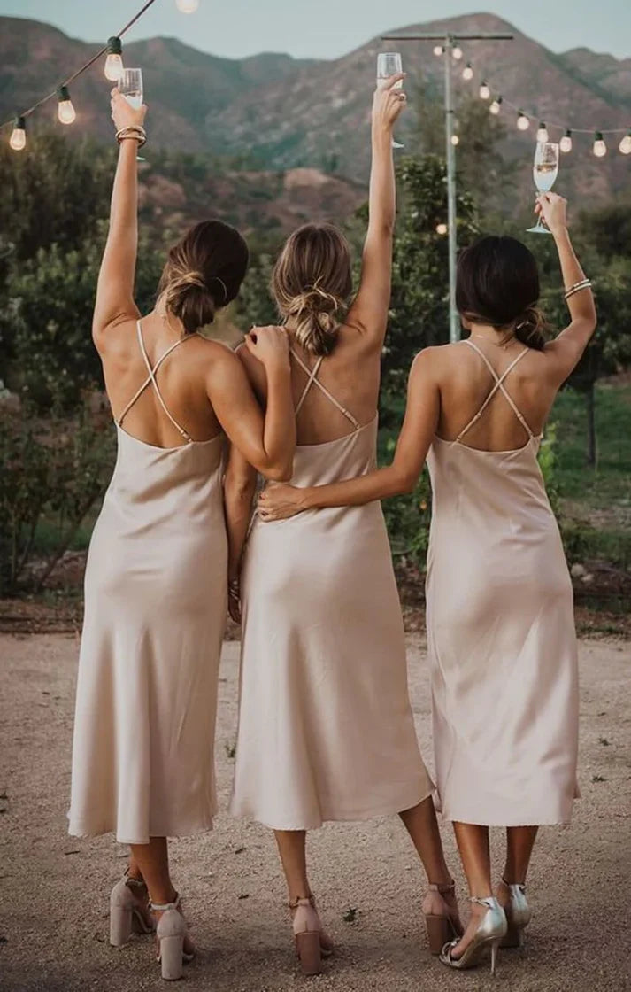 Cowl Neck Spaghetti Straps Satin Tea-Length Bridesmaid Dress Custom