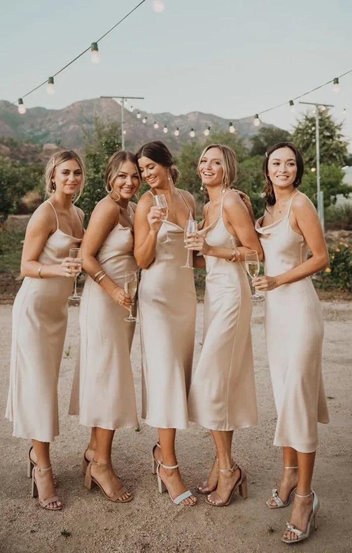 Cowl Neck Spaghetti Straps Satin Tea-Length Bridesmaid Dress Custom