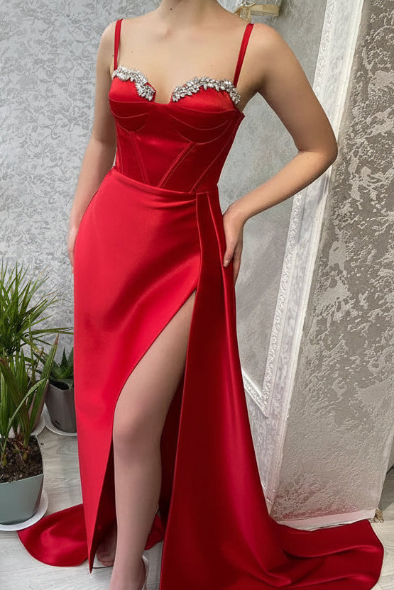 Crystal-Embellished Satin Floor-Length Evening Dress Red Sweetheart Spaghetti-Strap for Women