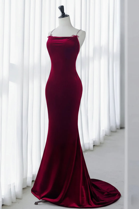 Crystal-Strap Velvet Floor-Length Evening Dress Burgundy Square-Neck Sleeveless for Women