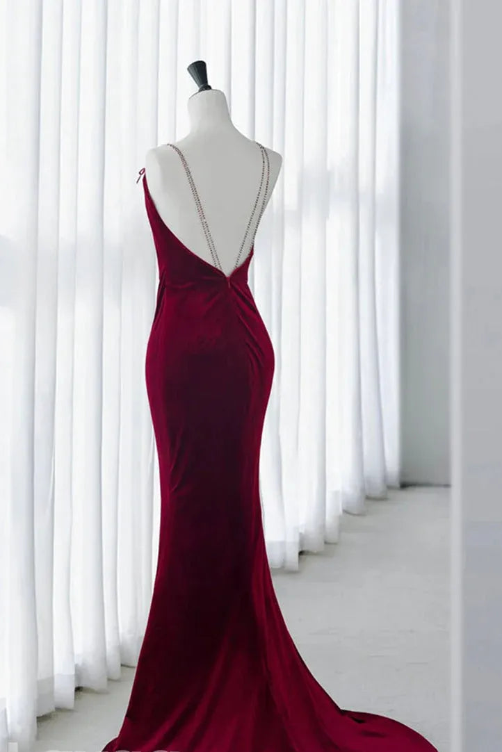 Crystal-Strap Velvet Floor-Length Evening Dress Burgundy Square-Neck Sleeveless for Women