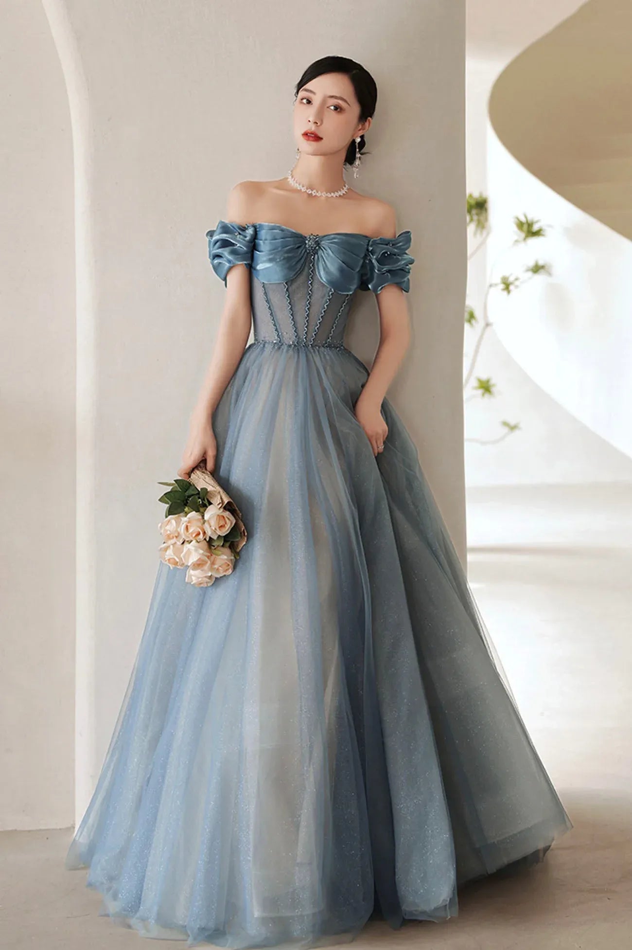 Cute A-Line Off the Shoulder Sleeveless Lace Up Floor-Length Prom Dress