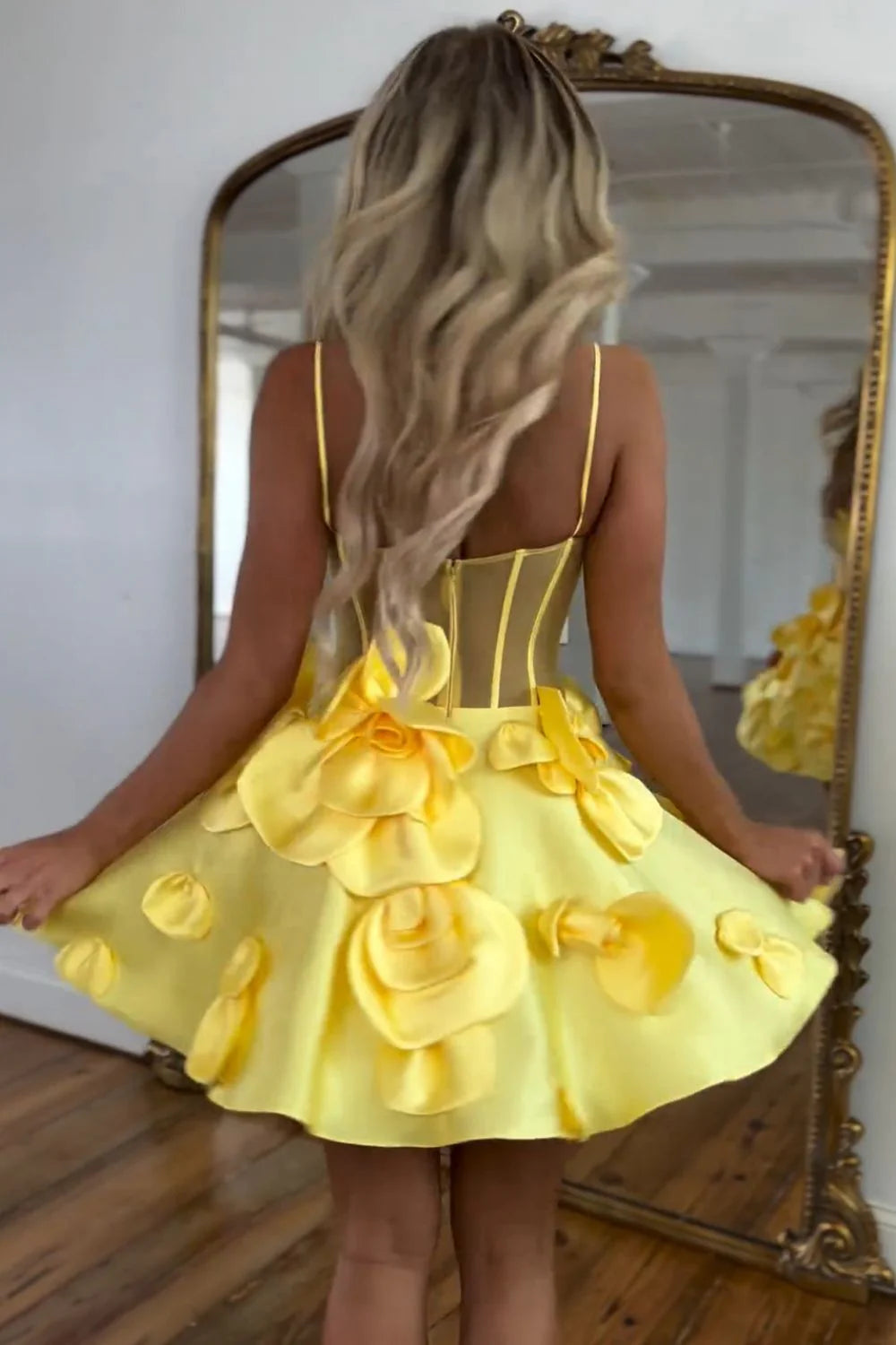 Cute A-Line Spaghetti Straps Flowers Satin Yellow Short Homecoming Dress