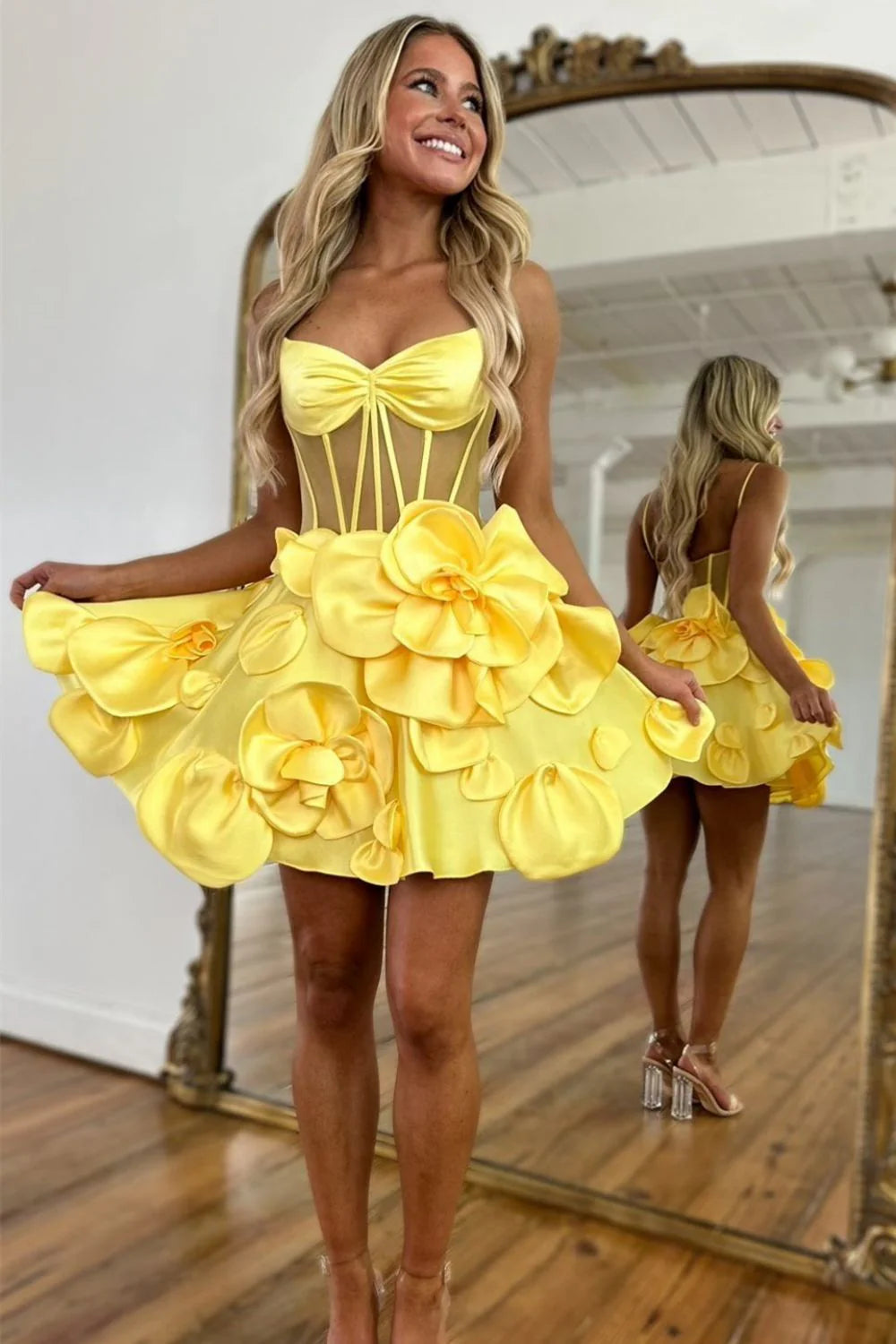 Cute A-Line Spaghetti Straps Flowers Satin Yellow Short Homecoming Dress