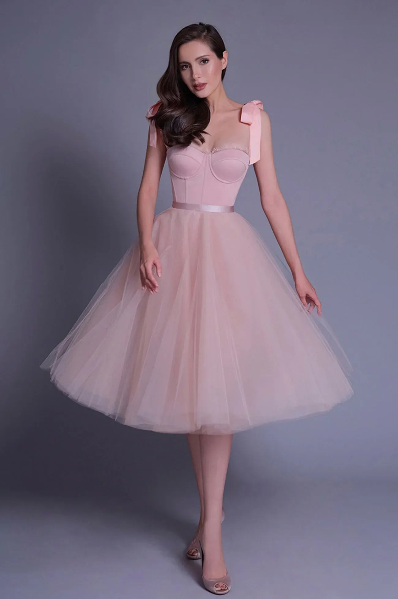 Cute A-Line Spaghetti Straps Sleeveless Lace Up Tea-Length Prom Dress