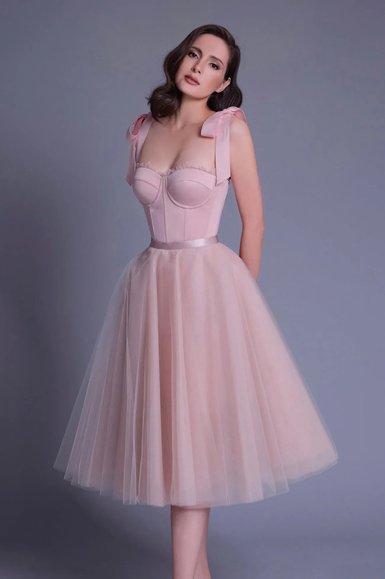 Cute A-Line Spaghetti Straps Sleeveless Lace Up Tea-Length Prom Dress