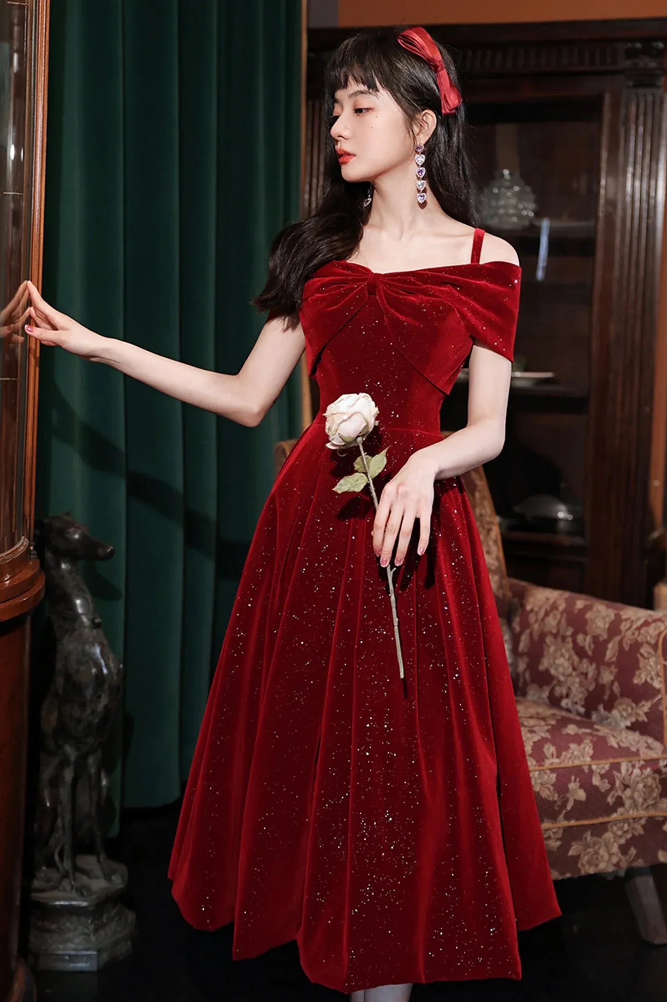 Cute A-Line Spaghetti Straps Sleeveless Lace Up Tea-Length Prom Dress