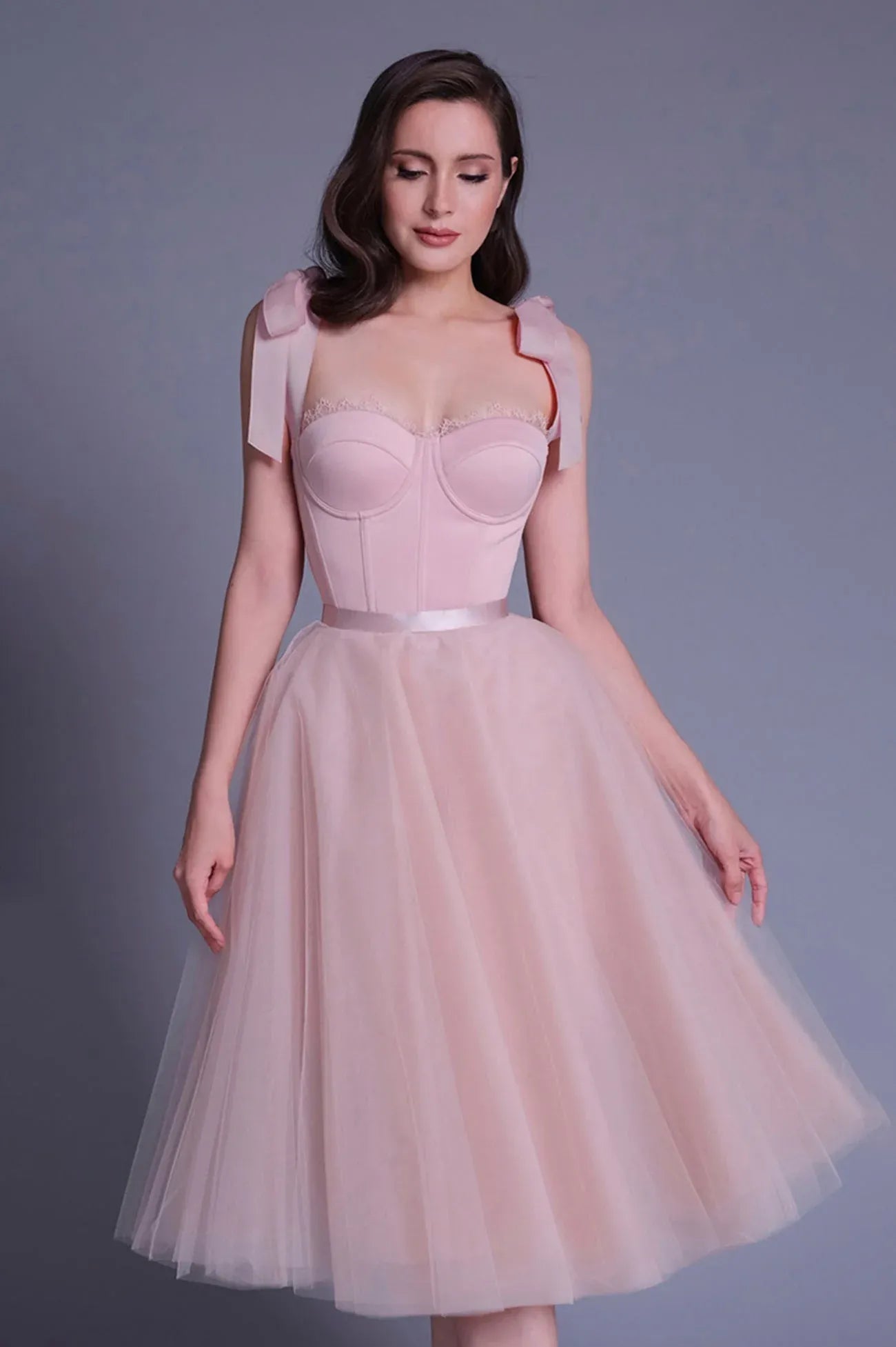 Cute A-Line Spaghetti Straps Sleeveless Lace Up Tea-Length Prom Dress