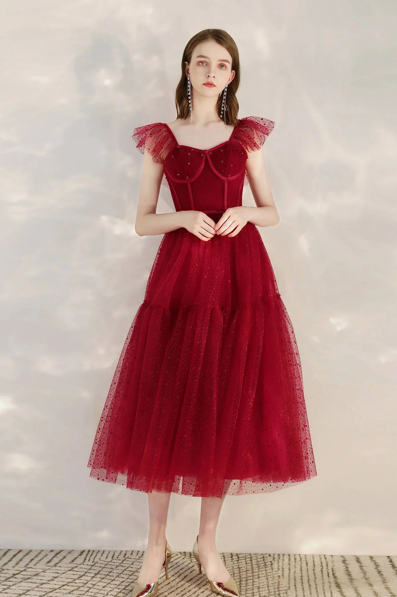 Cute A-Line Sweetheart Neck Sleeveless Lace Up Tea-Length Prom Dress