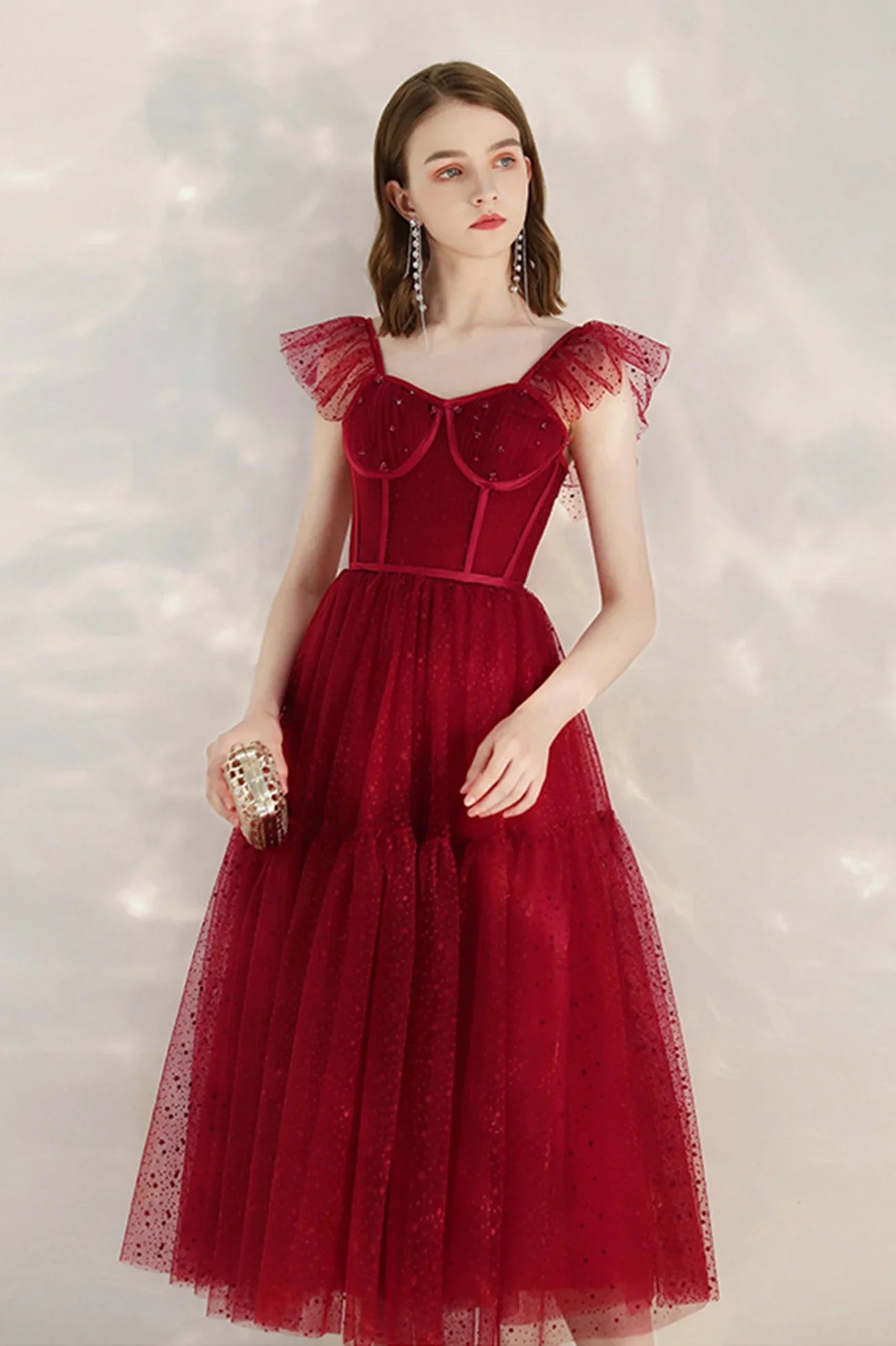 Cute A-Line Sweetheart Neck Sleeveless Lace Up Tea-Length Prom Dress