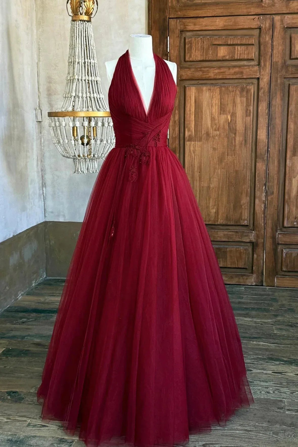 Cute A-Line V-Neck Sleeveless Lace Up Floor-Length Prom Dress