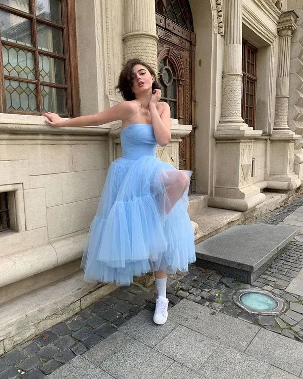Cute A-line Strapless Sleeveless Tulle Tea-Length Prom Dress