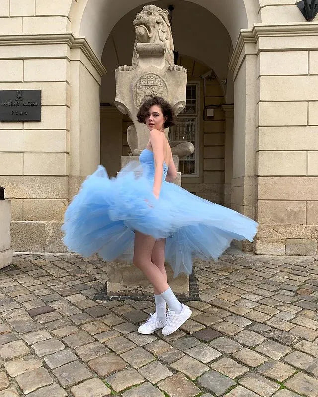 Cute A-line Strapless Sleeveless Tulle Tea-Length Prom Dress