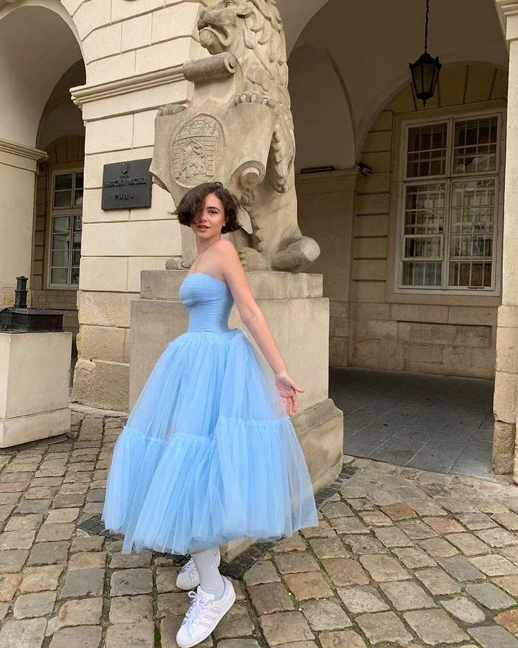Cute A-line Strapless Sleeveless Tulle Tea-Length Prom Dress
