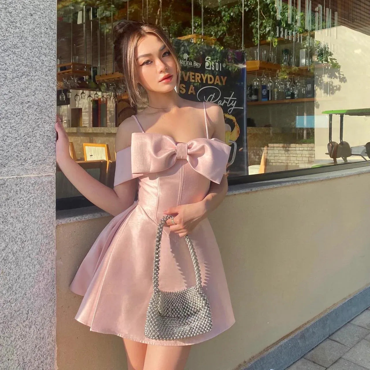Cute A-line Sweetheart Sleeveless Bow Pink Mini Homecoming Dress For Women Ready To Ship