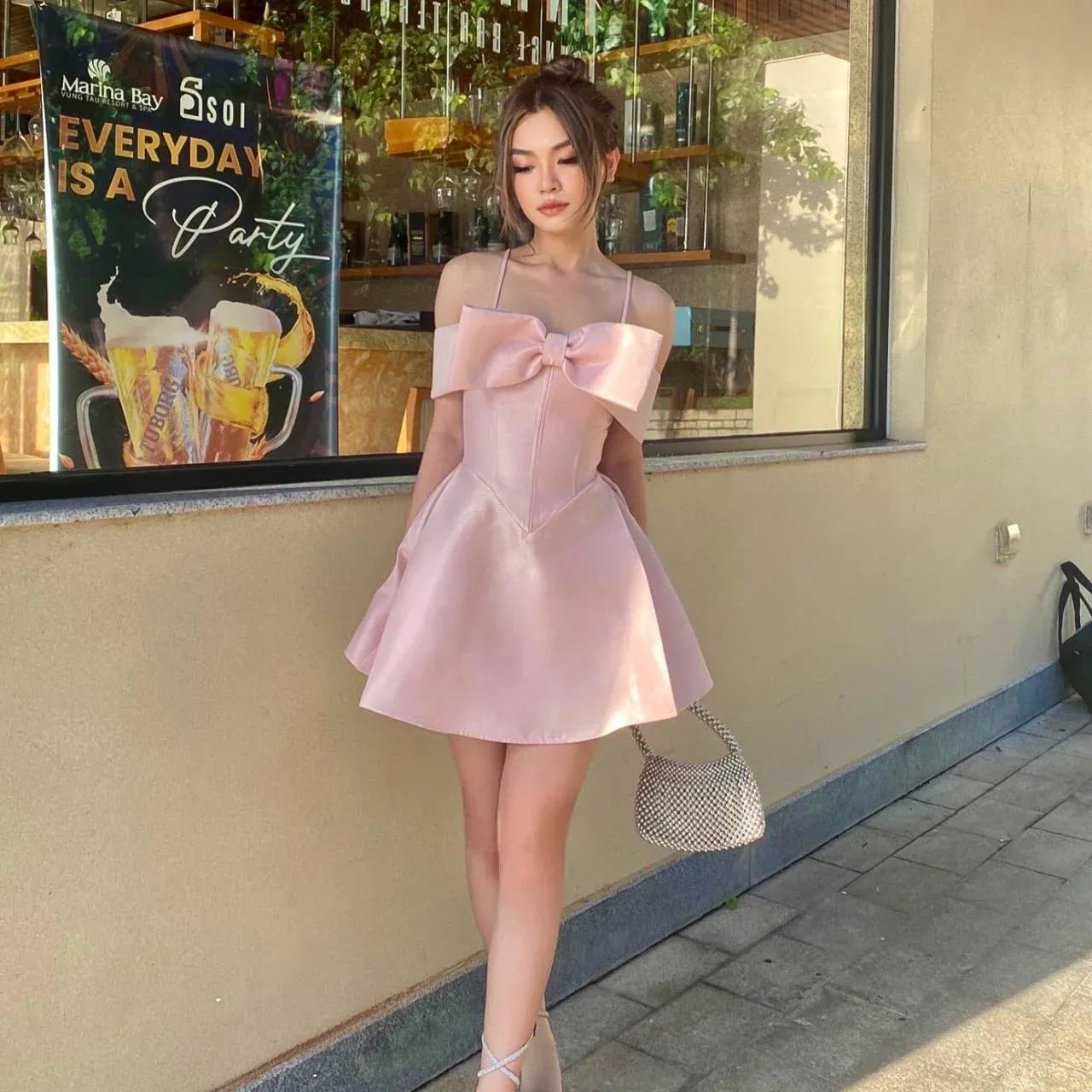 Cute A-line Sweetheart Sleeveless Bow Pink Mini Homecoming Dress For Women Ready To Ship