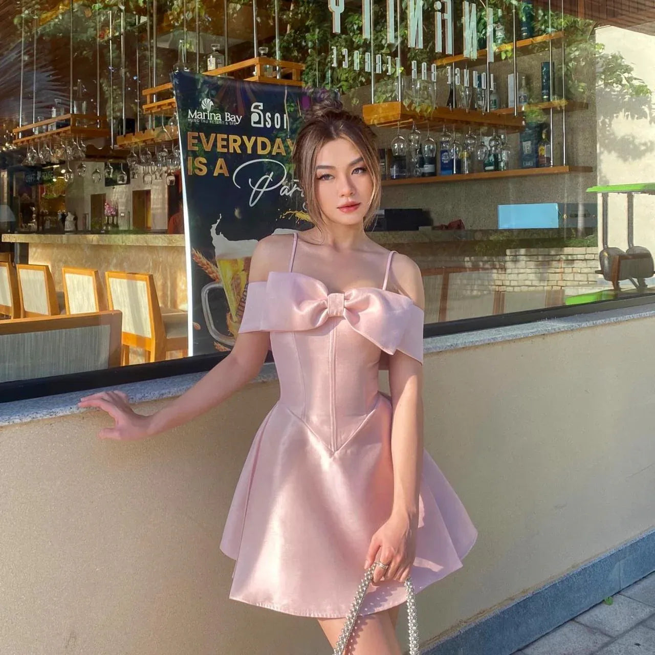 Cute A-line Sweetheart Sleeveless Bow Pink Mini Homecoming Dress For Women Ready To Ship