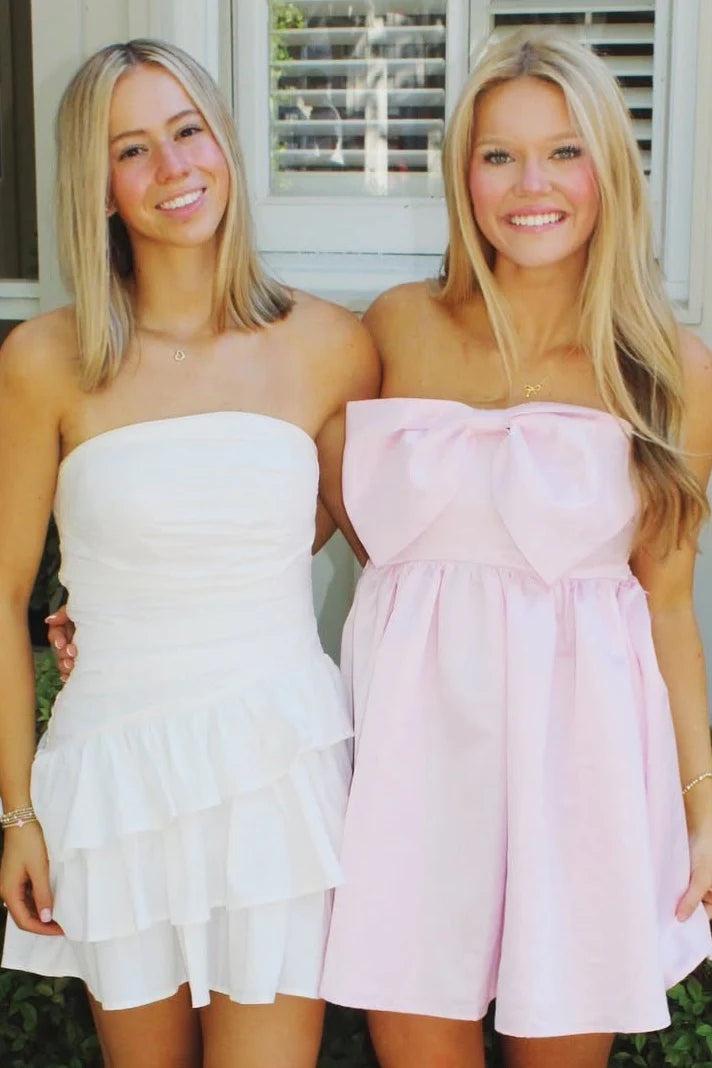 Cute A Line Strapless Bow Satin Light Pink Short Homecoming Dress