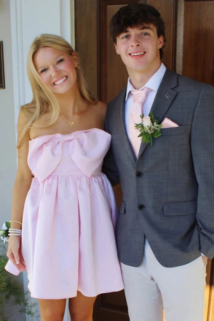 Cute A Line Strapless Bow Satin Light Pink Short Homecoming Dress