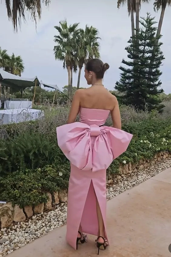Cute Fitted Strapless Sleeveless Satin Bow Floor-Length Evening Dress