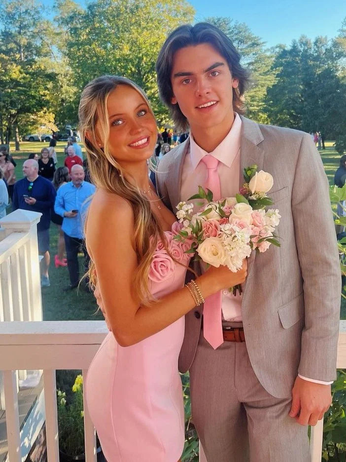 Cute Sheath Strapless 3D Flowers Light Blue Short Homecoming Dress