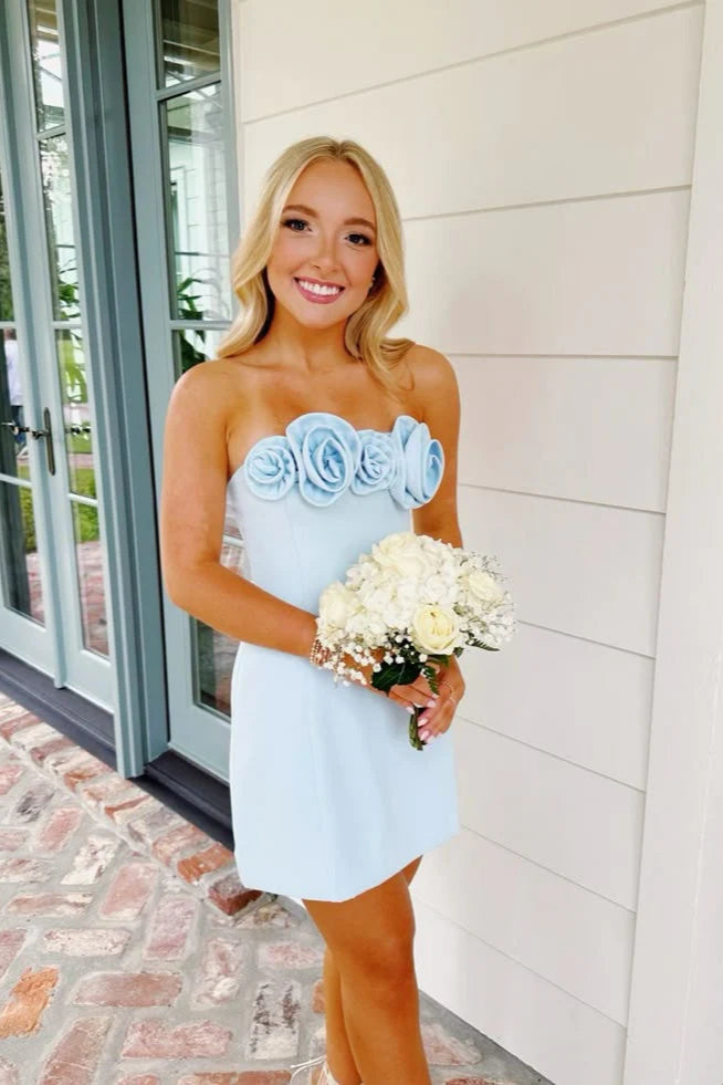 Cute Sheath Strapless 3D Flowers Light Blue Short Homecoming Dress