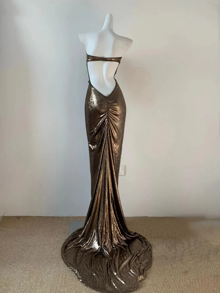 Cyberpunk Mermaid Strapless Backless Metallic Gold Floor-Length Party Dress