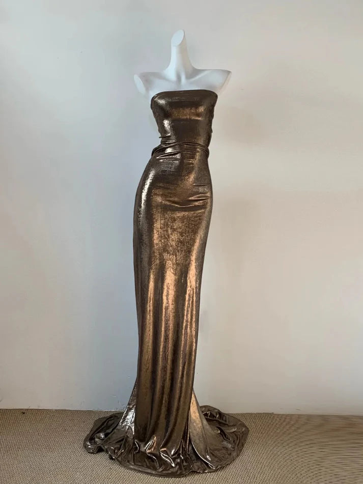 Cyberpunk Mermaid Strapless Backless Metallic Gold Floor-Length Party Dress