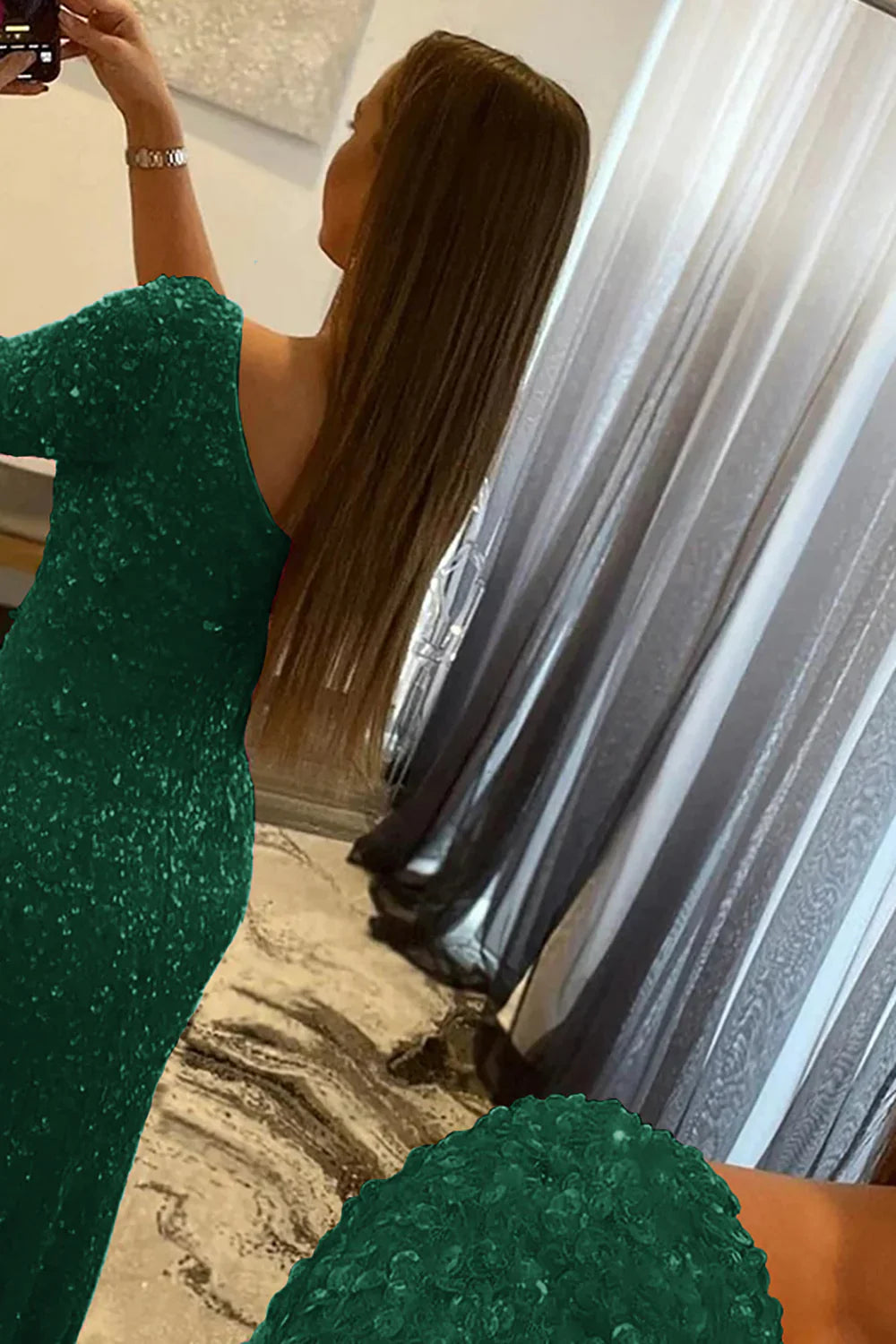 Mermaid Glitter One-Shoulder Single Sleeve Prom Dress With Sequins