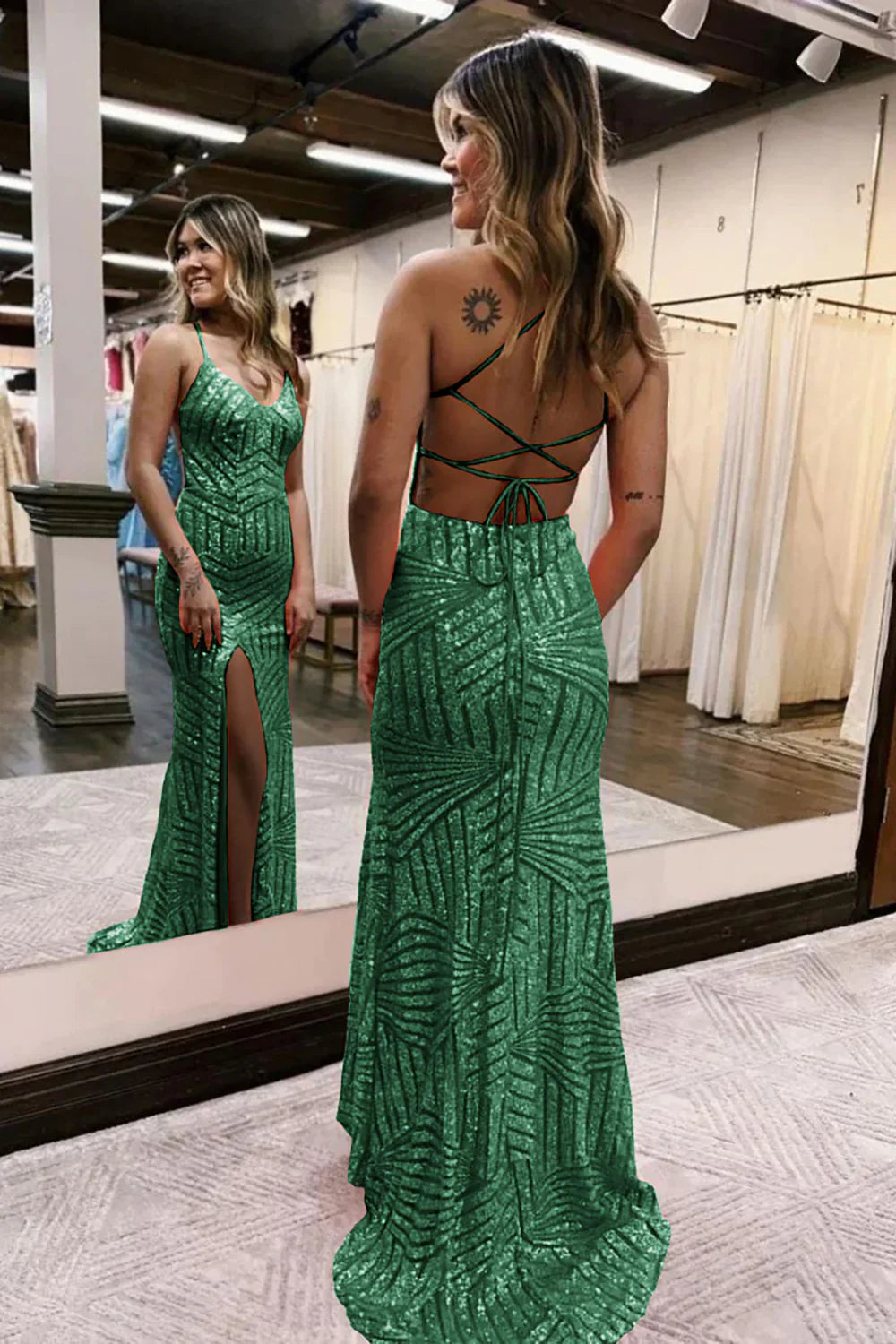 Sequins V-Neck Spaghetti Straps Prom Dress