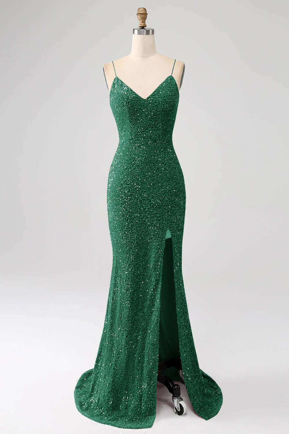 Sequins Mermaid Spaghetti Straps V-Neck Long Prom Dress