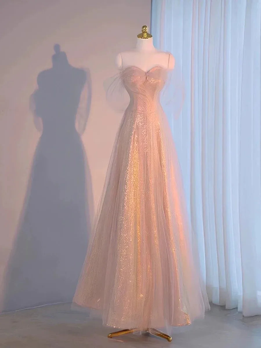 Dazzling A-line Off-the-Shoulder Sleeveless Glitter Blush Maxi Prom Dress for Women Custom