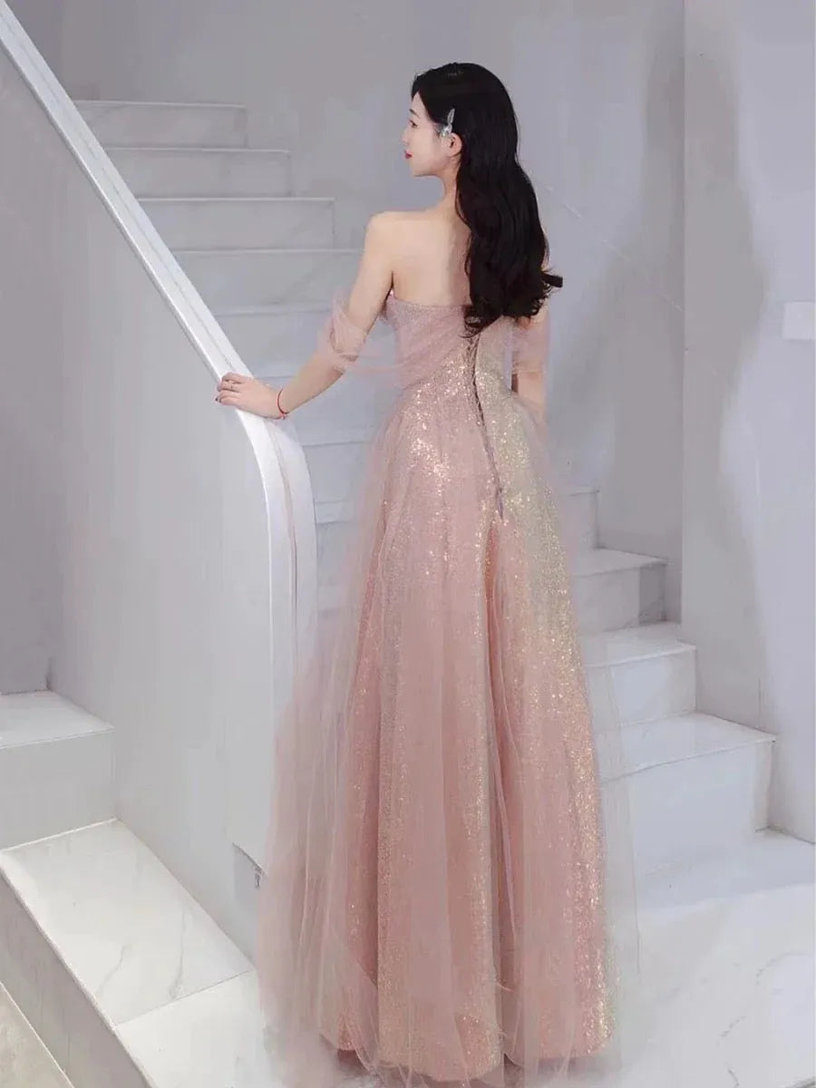 Dazzling A-line Off-the-Shoulder Sleeveless Glitter Blush Maxi Prom Dress for Women Custom