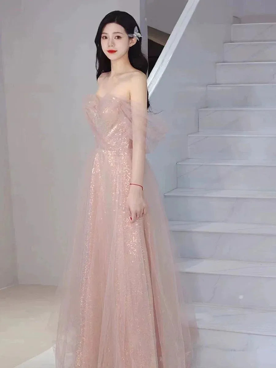 Dazzling A-line Off-the-Shoulder Sleeveless Glitter Blush Maxi Prom Dress for Women Custom