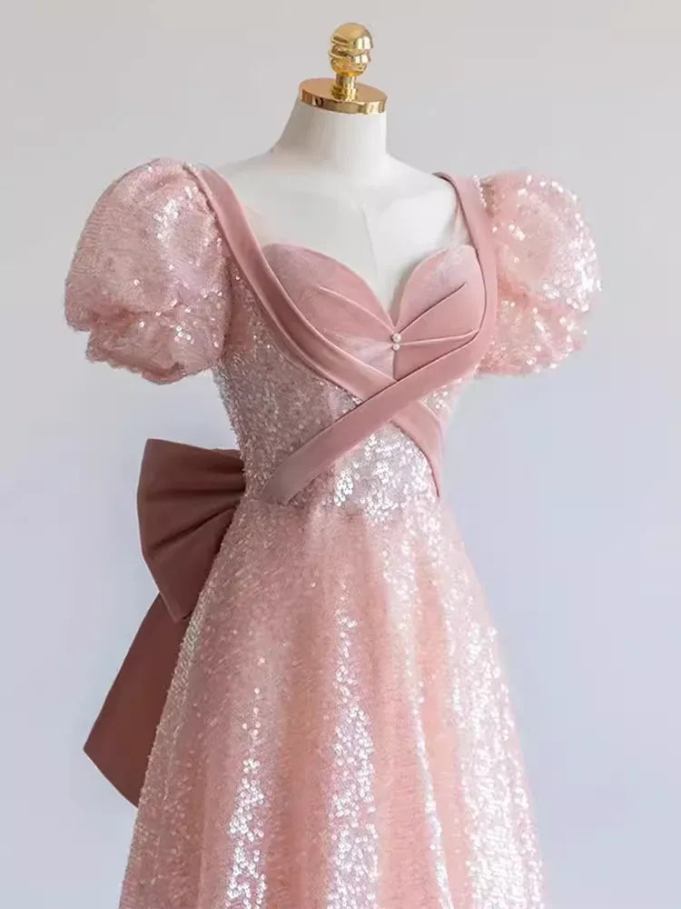 Dazzling A-line V-Neck Short-Sleeve Sequin Blush Maxi Prom Dress for Women Custom