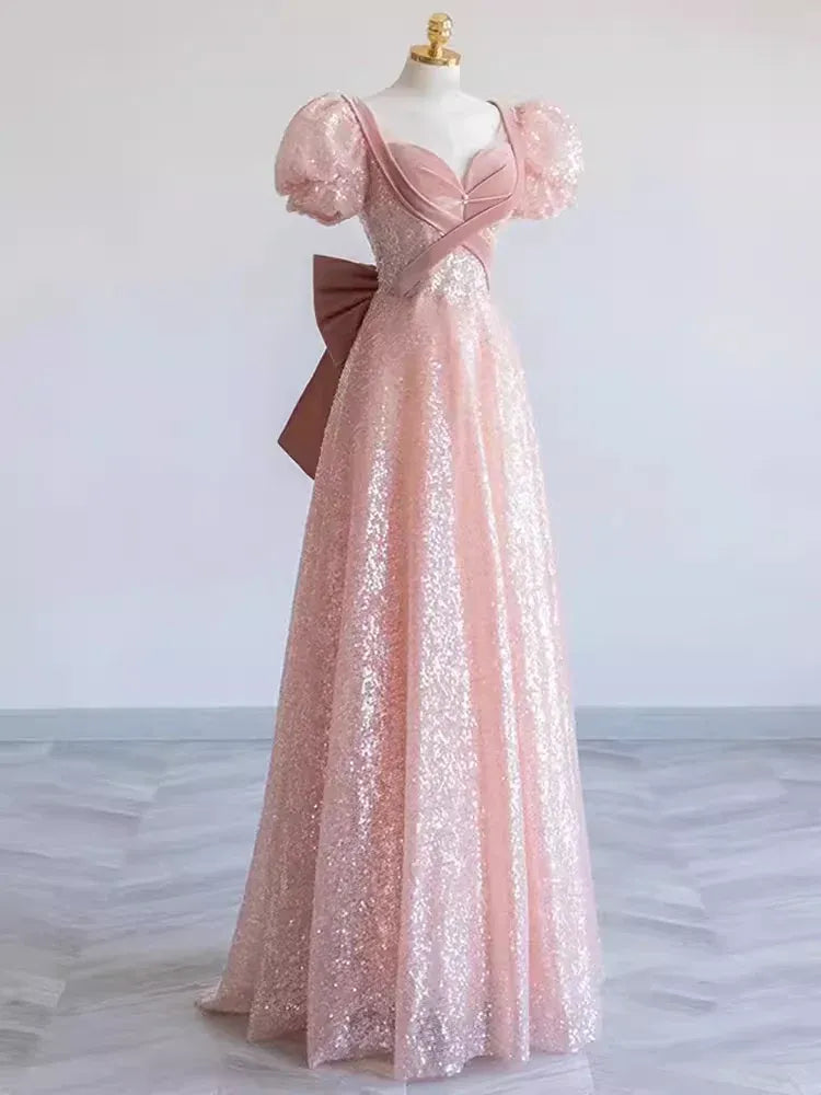 Dazzling A-line V-Neck Short-Sleeve Sequin Blush Maxi Prom Dress for Women Custom