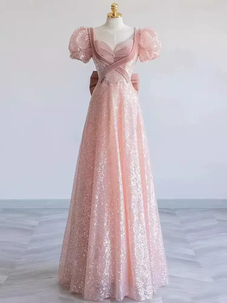 Dazzling A-line V-Neck Short-Sleeve Sequin Blush Maxi Prom Dress for Women Custom